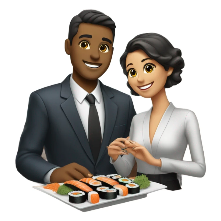 Generate a salesman eating sushi with his girlfriend  sticker