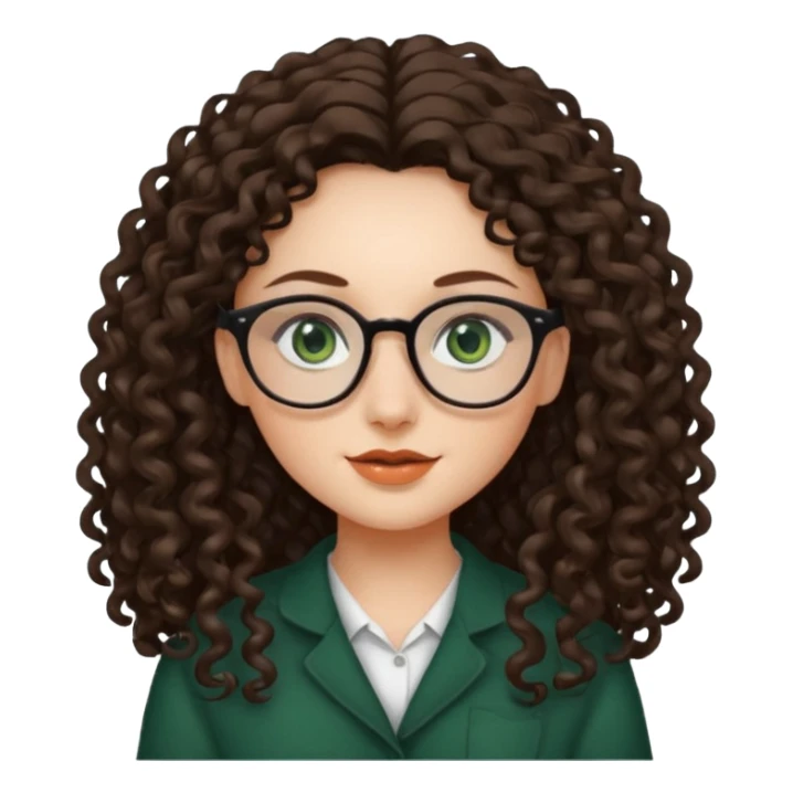 rapariga, olhos verdes escuros, cabelos compridos aos caracóis, com óculos sticker