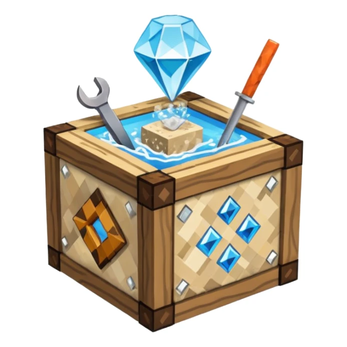 crafting table with tools, stone, wood, glass, sand, steam, water, diamonds... like a minecraft style cube crafting table  sticker