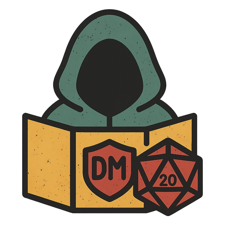 minimalist icon representing Dungeon Master for DnD TTRPGs with DM screen, dice, or hooded figure, worn distressed look sticker