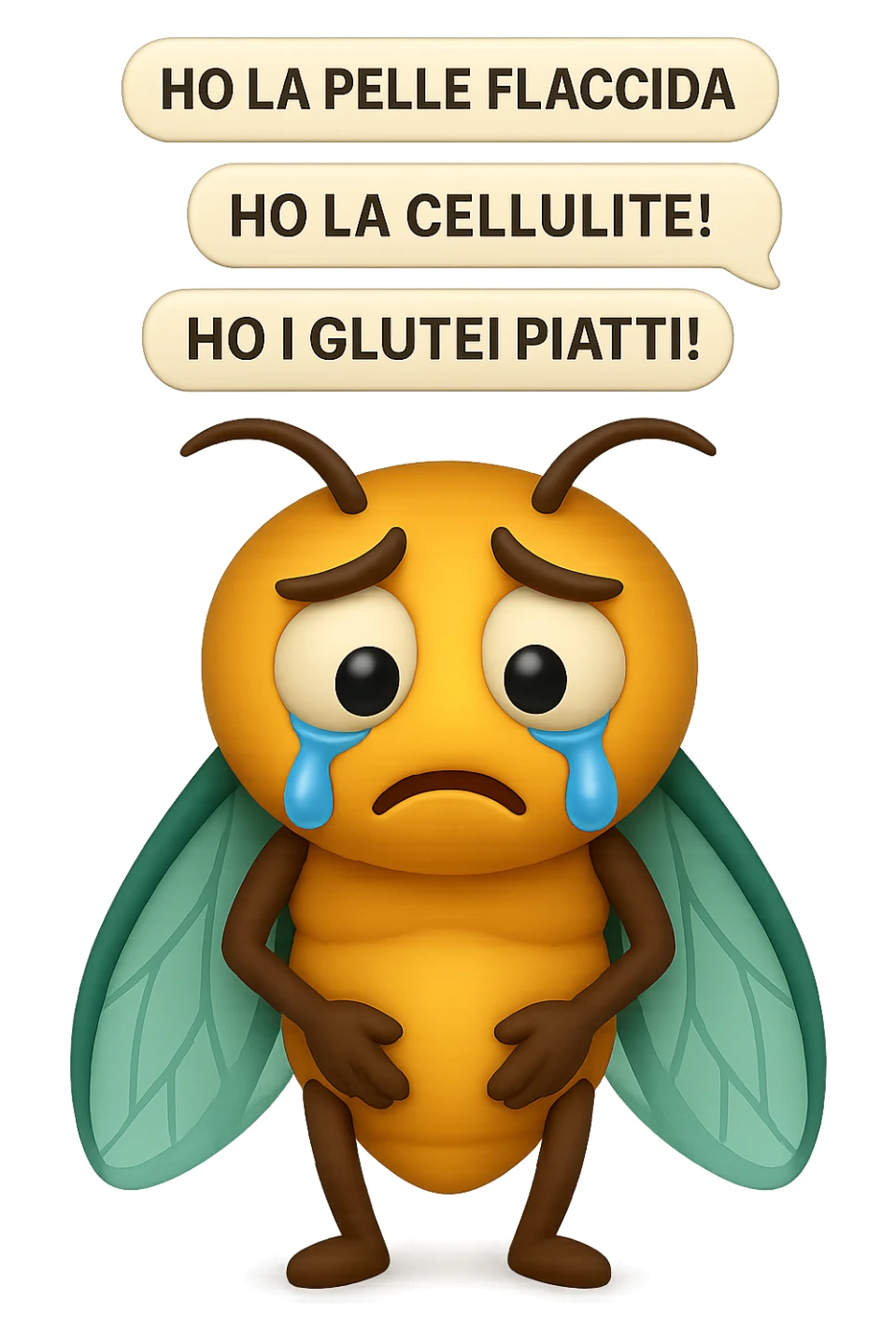 EMOJI STILE IPHONE 3D DI una cicala triste che si tocca le cosce e piange perché non le piace il suo fisico, posa frontale, fagli anche la parte bianca degli occhi, non solo la pupilla, sulla testa della cicala aleggiano i pensieri "HO LA PELLE FLACCIDA", "HO LA CELLULITE!", "HO I GLUTEI PIATTI!" sticker