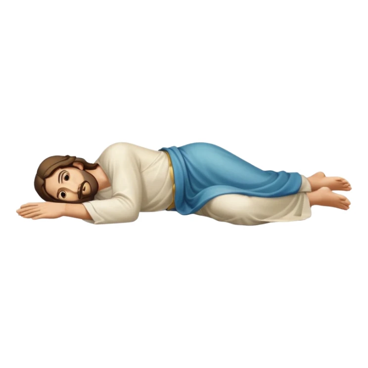 fullbody Jesus apostle in prone pose, clear prone position, full body visible, apple emoji style sticker