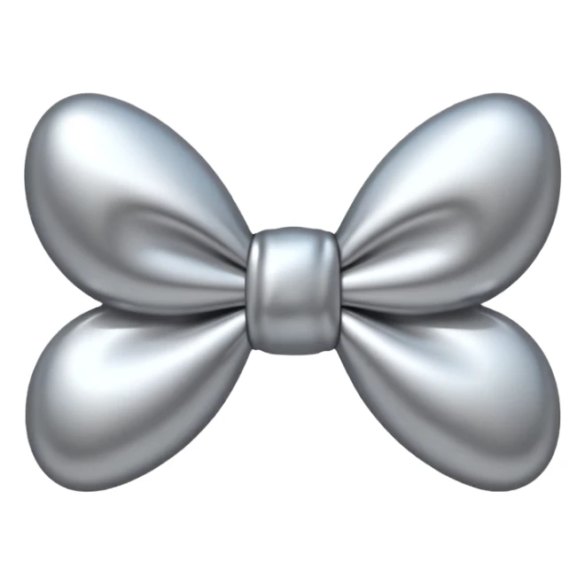A cute bow emoji made of polished silver chrome, smooth rounded loops, glossy metallic surface, soft mirror reflections, subtle highlights, minimal and adorable proportions, iOS emoji style, centered composition, clean white background, soft studio lighting, no text, no outline, ultra high quality sticker