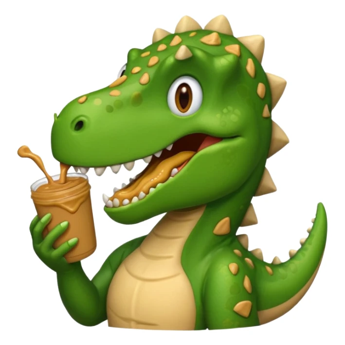 a dinosaur happily eating peanut butter, emoji style sticker