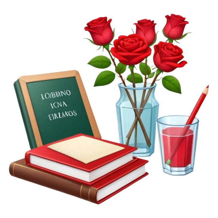 crear pizarra con libros a un lado, cuadernos, lapices, creyones, un vaso de cristal con rosas rojas, estilo vector sticker