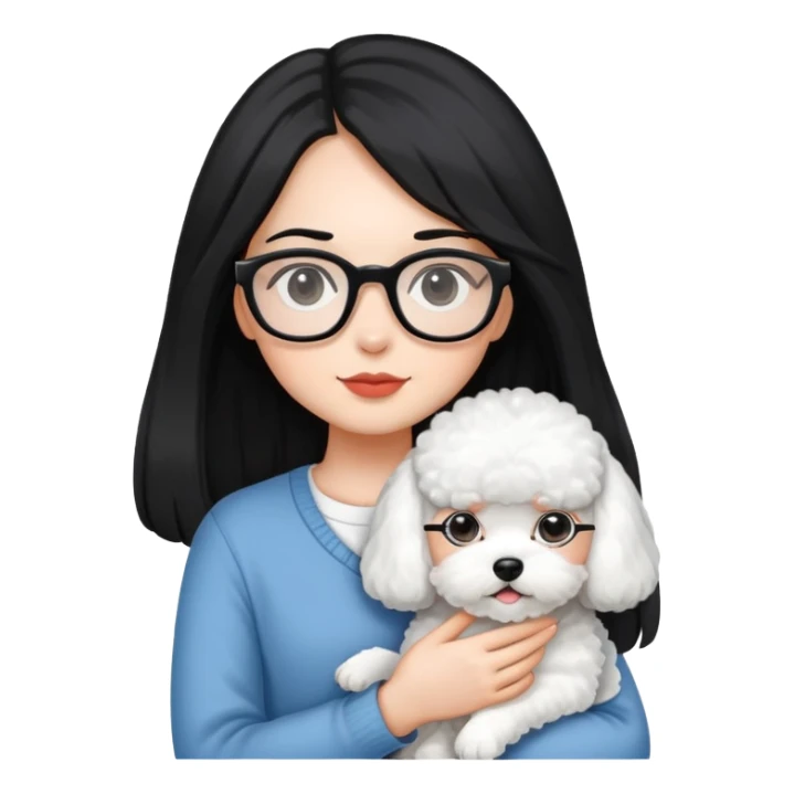 A girl with long black hair and glasses holding a bichon and a white devon sticker