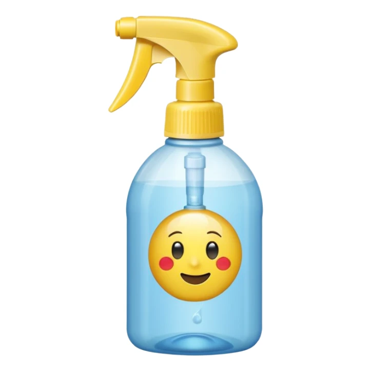 plastic spray bottle with simple trigger top and translucent body filled with clear liquid, practical shape, subtle grip texture on neck, no branding, slight reflection on plastic, no label, no cloth, no surface, soft lighting, subtle shadows, emoji scale sticker