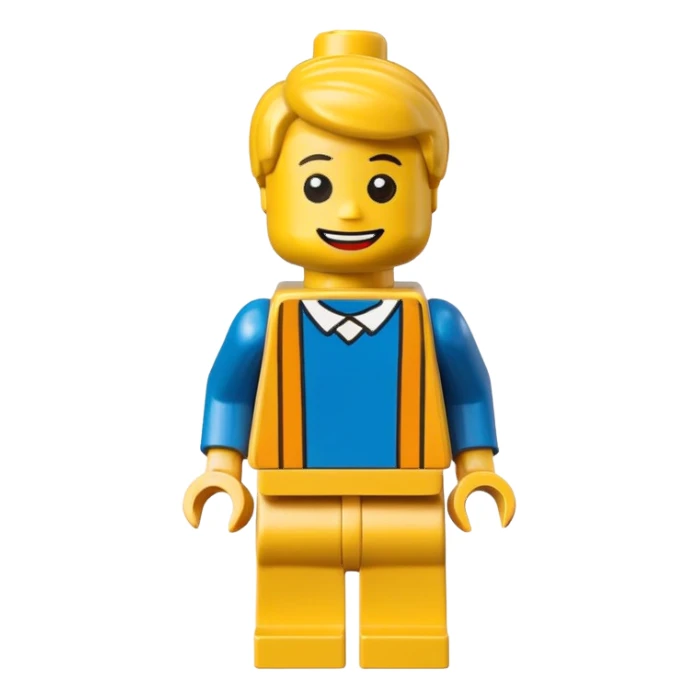 LEGO minifigure, classic yellow face, simple blocky body, smiling expression sticker