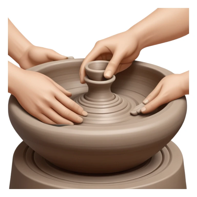 Two hands shaping a clay vessel on a silver pottery wheel, one hand inside and one hand outside the vessel, clean and focused view with no splashing clay sticker