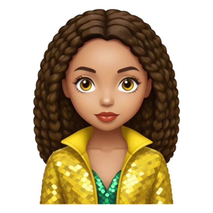 Logan Browning with long dark brown hair, yellow sequin outfit sticker