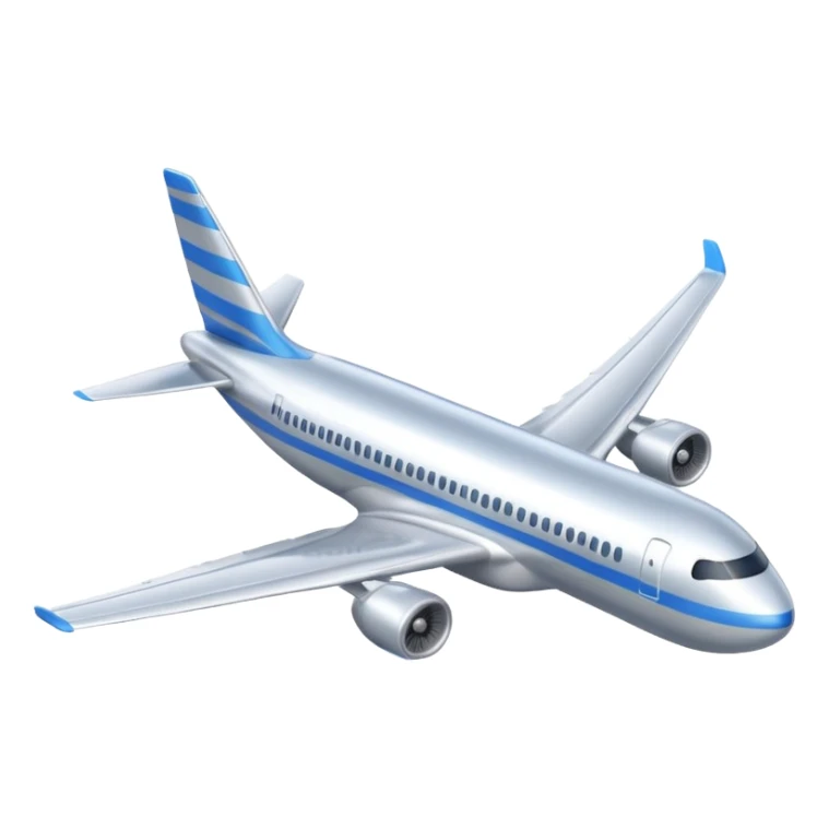 A 3D cartoon commercial airplane flying above clouds, silver body with blue stripes, smooth reflections, Memoji-style realism. sticker
