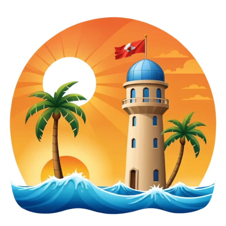 Create a flag that features the Khobar Water Tower in the Eastern Province of Saudi Arabia, with sea waves and a palm tree, set against a sunset background sticker