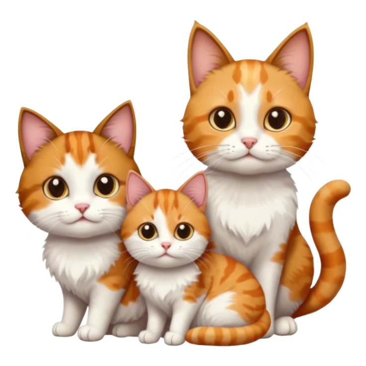 3 different coloured small cats including a dark brown tabby and white, and a patchy calico, and a ginger and white sticker