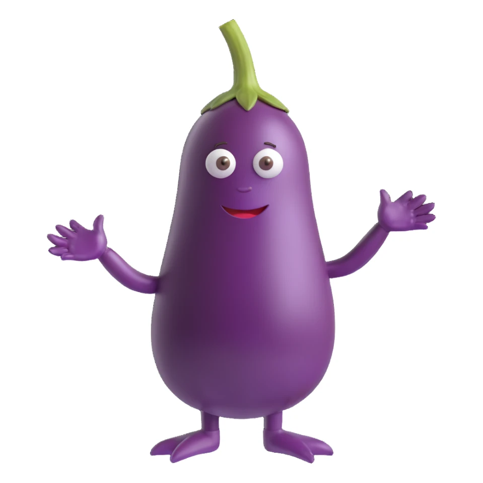 eggplant with human-like hands and legs, emoji style sticker