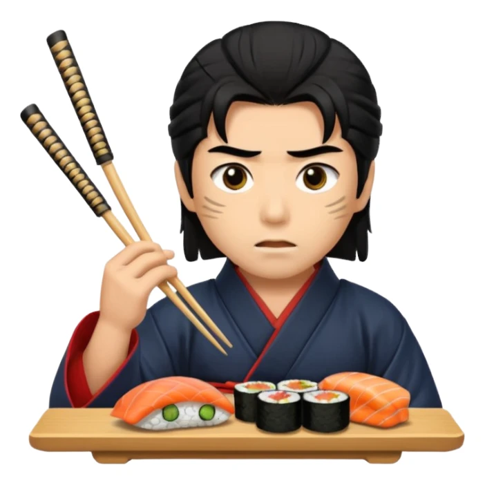 Man with wide eyes eating sushi in a samurai outfit wide eyes sticker
