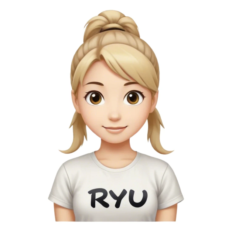 Beautiful girl smilling with big eyes, ponytail and "ryu" written on tshirt sticker