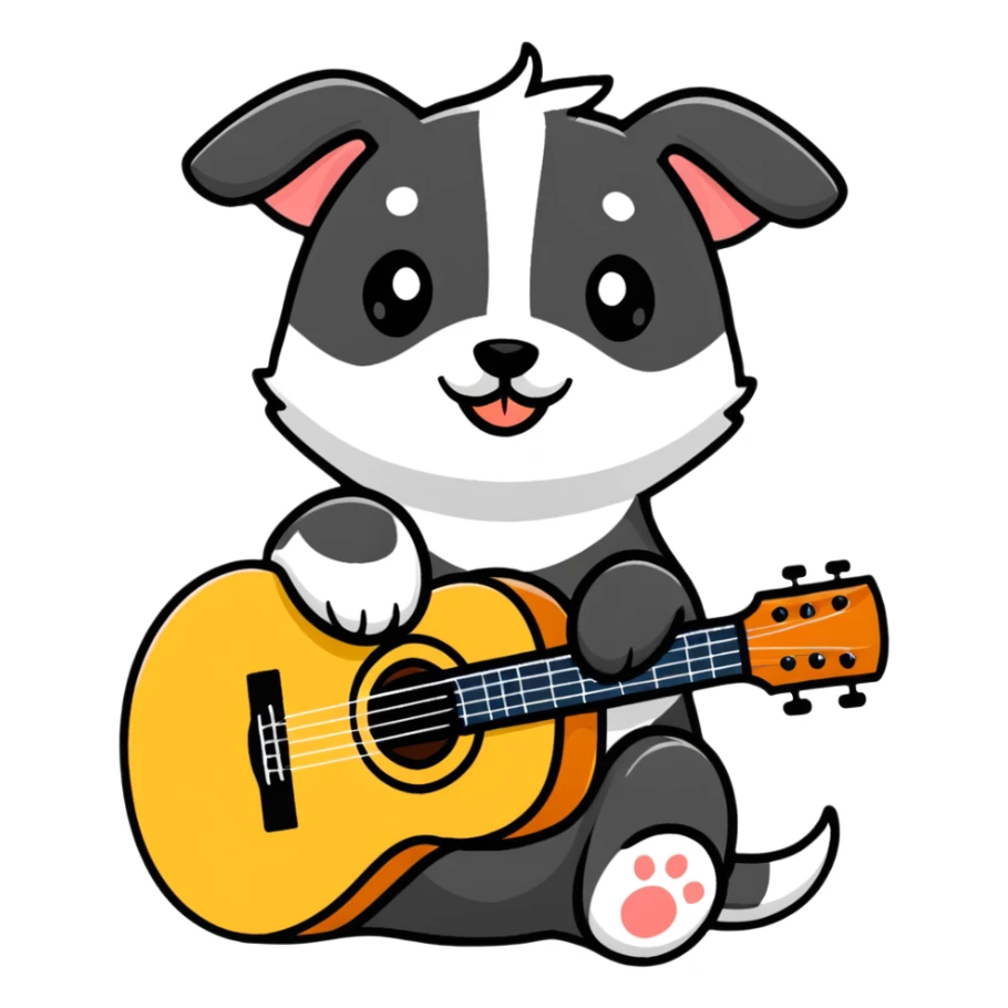 cute puppy with acoustic guitar, sitting sticker