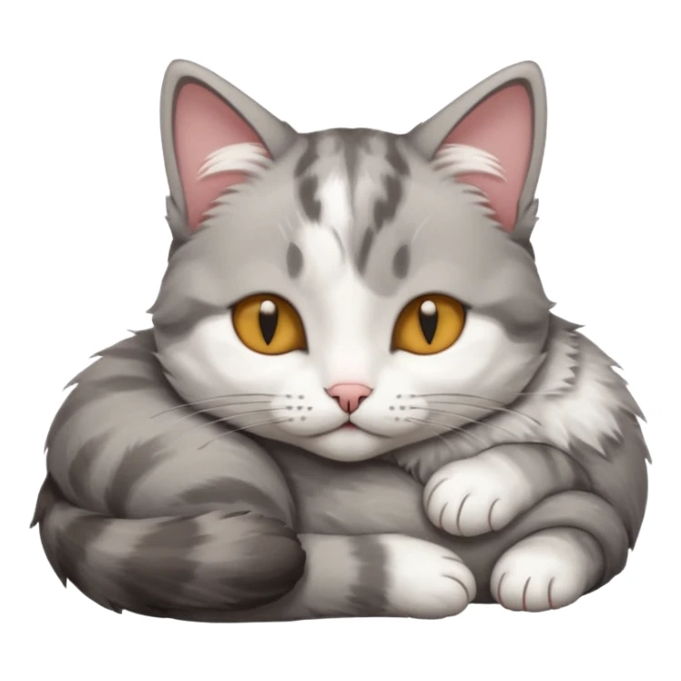 grey and white small cat with its eyes closed lying down with his head leaning on his paw sticker