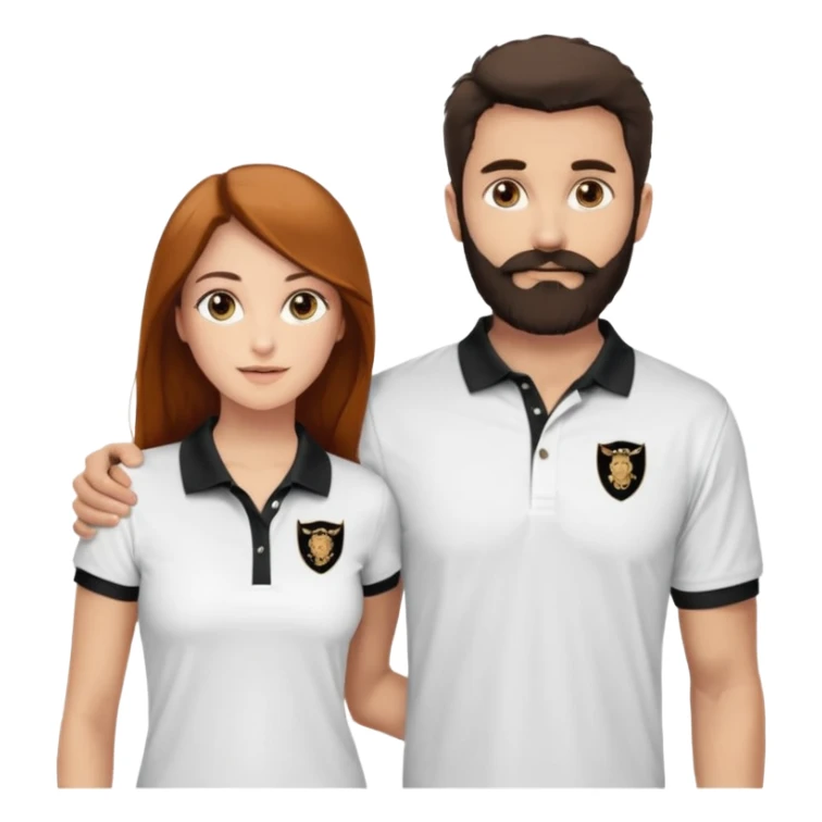 Criar Casal - Homem branco de cabelo liso e olhos marrom, com barba, expressão séria usando camiseta polo preta e mulher de pele branca cabelo cacheado marrom longo e olhos mel, usando uma regata branca, quero ela sorrindo sticker