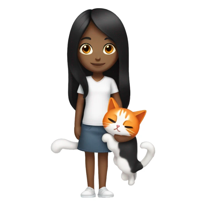 long black hair girl holding a white and orange cat. sticker
