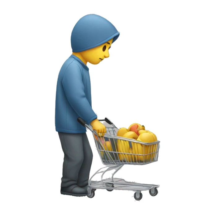 person looking sad, pushing an empty shopping cart sticker
