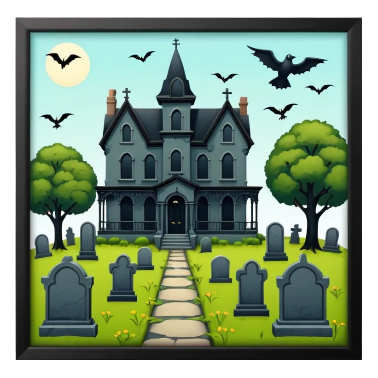 Adams Family style horror overgrown Haunting graveyard field Victorian mansion  sticker