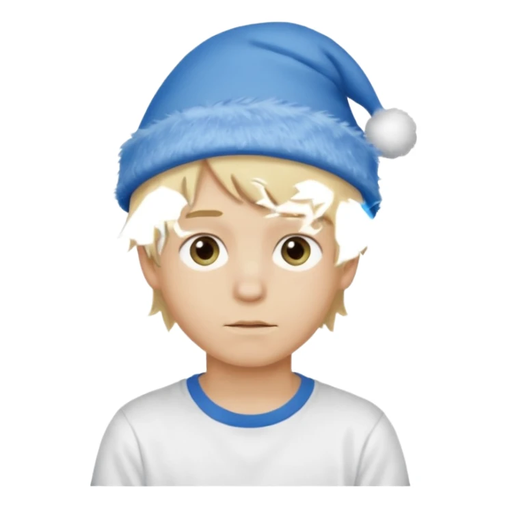 create boy blonde hair long messy, light eyes, white t shirt, rich, long hair, eyes blue, acessory head cristimas blue hat, fluffy hair medium long hair sticker