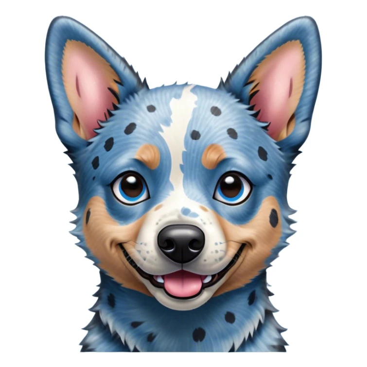 Cinematic Comical Blue Speckle Australian Cattle Dog Portrait Emoji, Head tilted dramatically with an exaggeratedly amused expression, featuring a striking blue speckle Fur with bold patterns, wide, expressive blue eyes filled with playful disbelief, Simplified yet hilariously expressive features, highly detailed, glowing with a slightly sassy glow, high shine, dramatic yet playful, stylized with an air of cheeky charm, bright and endearing, soft glowing outline, capturing the essence of a spirited and over-the-top herder, so meme-worthy it feels like it could side-eye its way into internet fame instantly! sticker