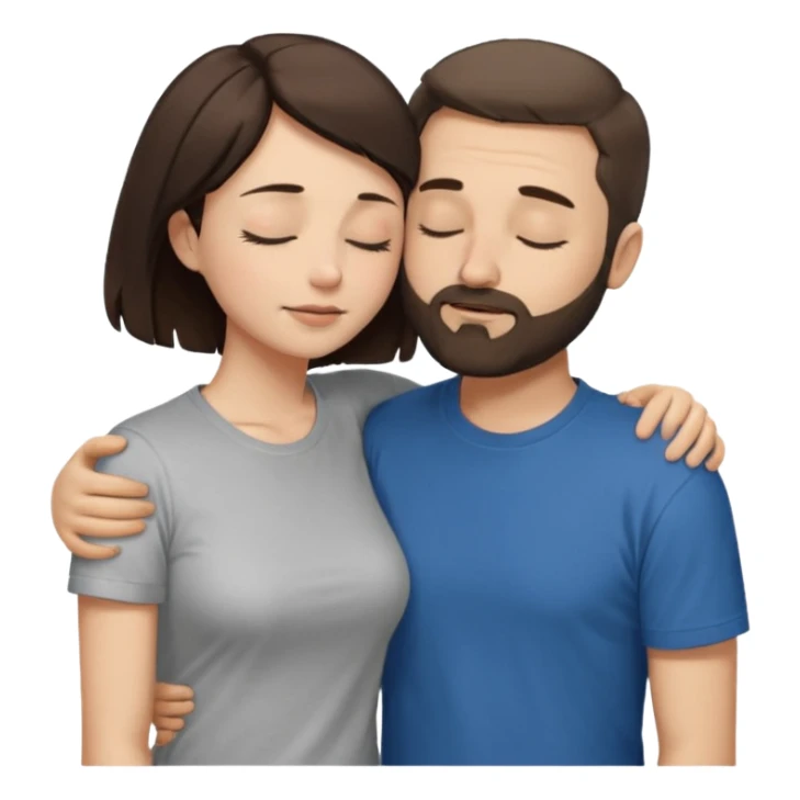 draw a man and a woman hugging each other passionately. looking toward each other. woman has short hair. man has short hair and beard. draw them with closed eyes. woman has dark brown hair. and man has light brown. make them both wearing t shirts. make them look a bit more desirous. sticker