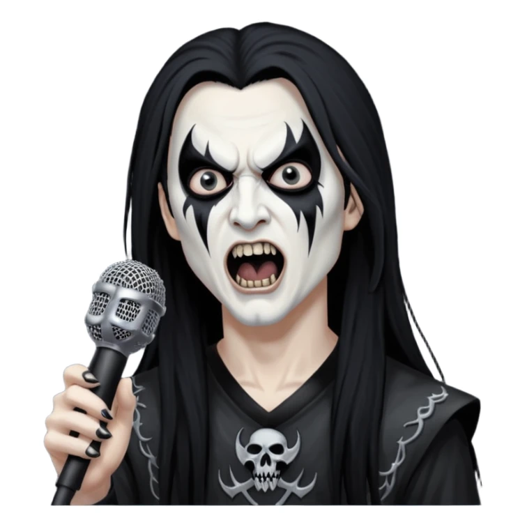Black metal musician with corpse paint, long hair, screaming with mirophone sticker