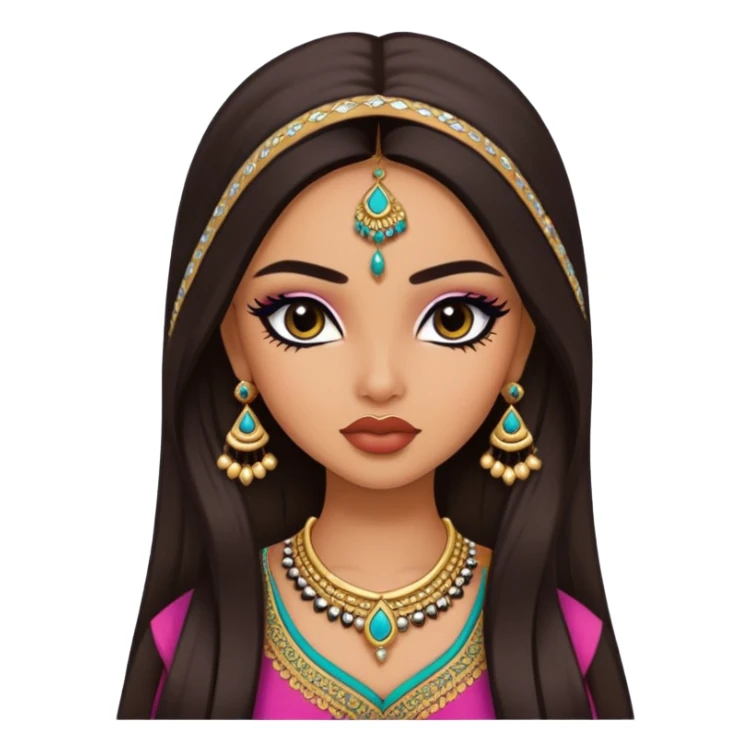  pretty lips, desi clothes, medium skin,  long hair, pretty bratz baddie, black eyeliner sticker