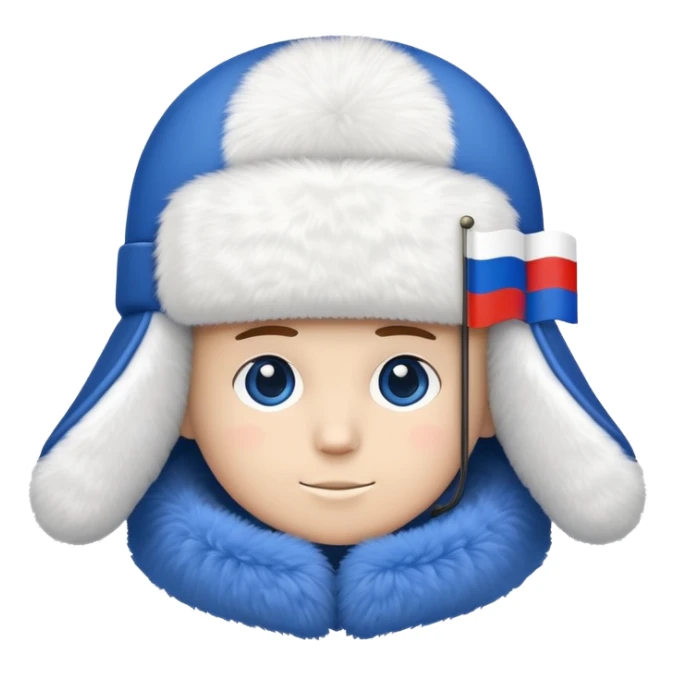 white ushanka winter hat with Russian tricolor flag (white, blue, red) prominently displayed on the front sticker