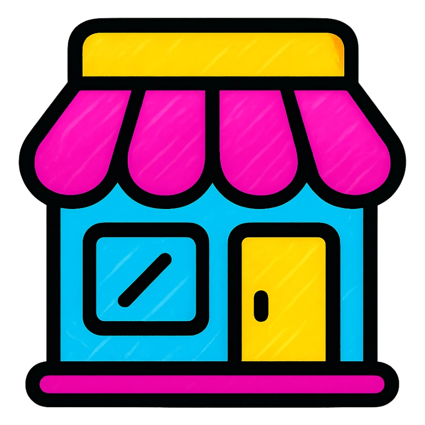 icon of a store, extremely eye catching, neon colors, playful style, dynamic shapes sticker