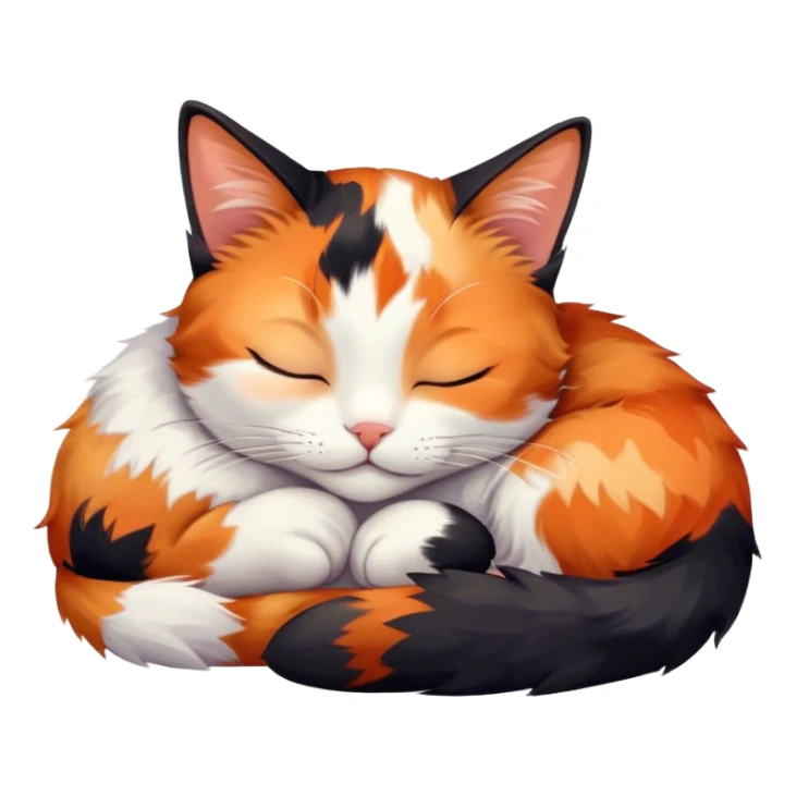 Meme-Worthy Cute Sleeping Calico Cat Portrait Emoji, Head resting peacefully with a content, gentle smile and softly closed eyes, featuring a delicate patchwork fur in vibrant orange, black, and white hues, simplified yet irresistibly endearing, highly detailed, glowing with a soft, drowsy radiance, high shine, exuding relaxed and utterly lovable charm, styled with a gentle, soft glowing outline, capturing the essence of a sleeping calico cat that appears destined to become a viral icon of adorable rest! sticker