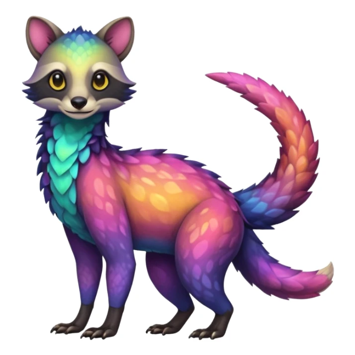 Colorful Fruity Iridescent Warm-colored Tropical Exotic Vernid-Sergal-Trico-Civet-fusion-hybrid-animal-creature, full body sticker