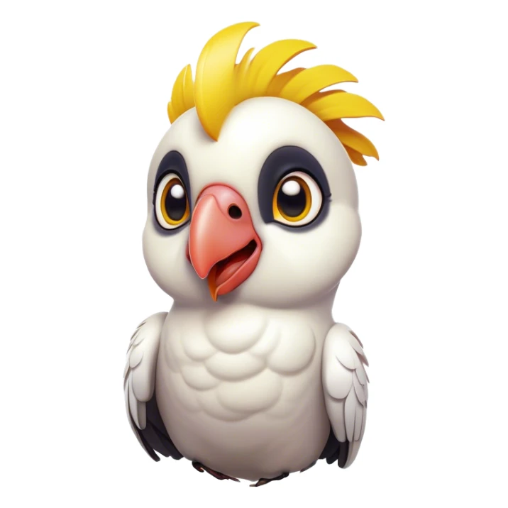 Cinematic Comical Cockatoo Portrait Emoji, Head tilted dramatically with an exaggeratedly shocked expression, featuring a striking, crest-adorned head with wide, comically expressive eyes full of playful disbelief and a vibrant, animated beak, Simplified yet hilariously expressive features, highly detailed, glowing with a slightly sassy tropical glow, high shine, dramatic yet playful, stylized with an air of cheeky avian mischief, soft glowing outline, capturing the essence of a meme-worthy cockatoo that looks ready to squawk its way into viral fame! sticker