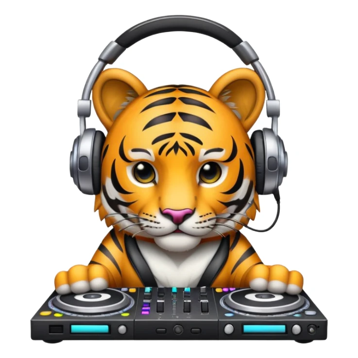 DJ tiger face with headphones and mixing deck for Twitch emote sticker