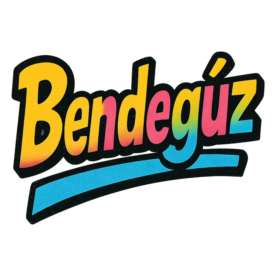 Bendegúz name in modern colorful gradient font with dark outline, dynamic slanted or partial underline, in the style of reference patterns sticker