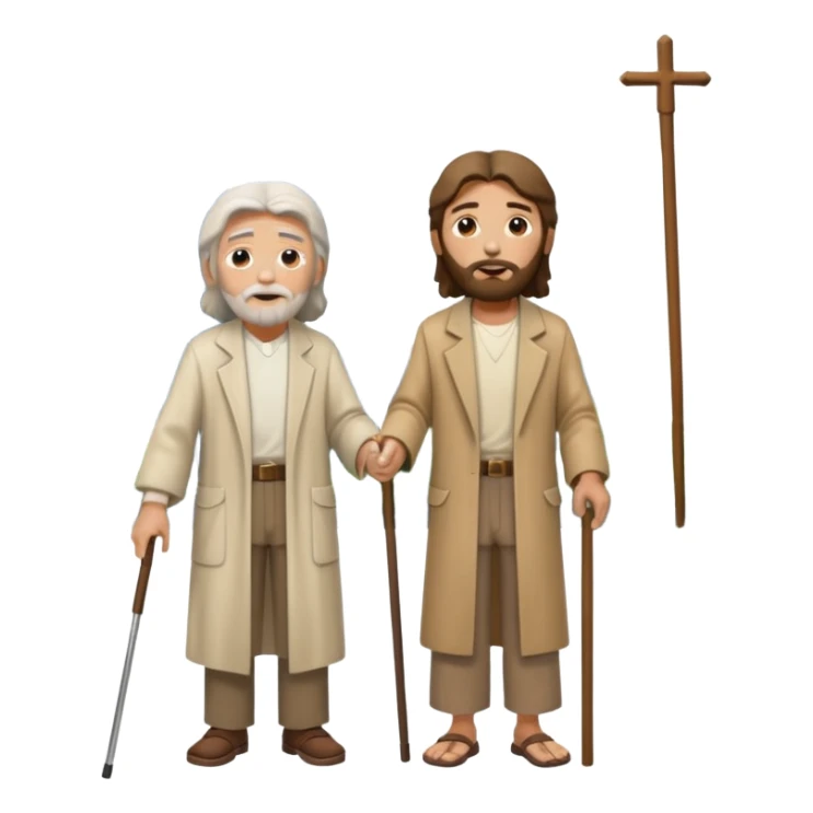 Jesus helping an elderly man with a cane, surrounded by city buildings sticker