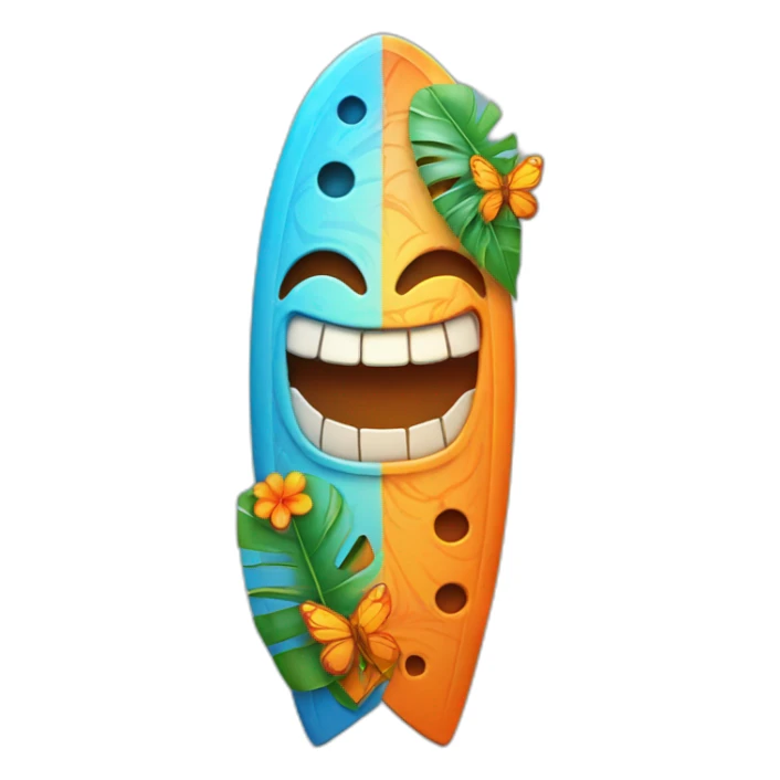Cartoon Blue and orange smiling tiki with butterfly and surfboard sticker