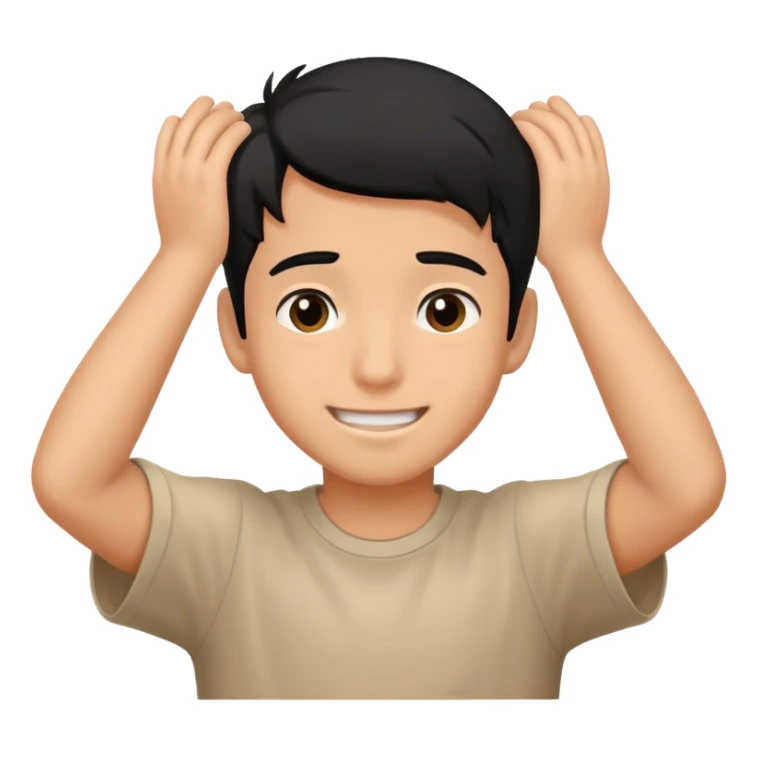 embarrassed smiling boy with hand behind head and black hair sticker
