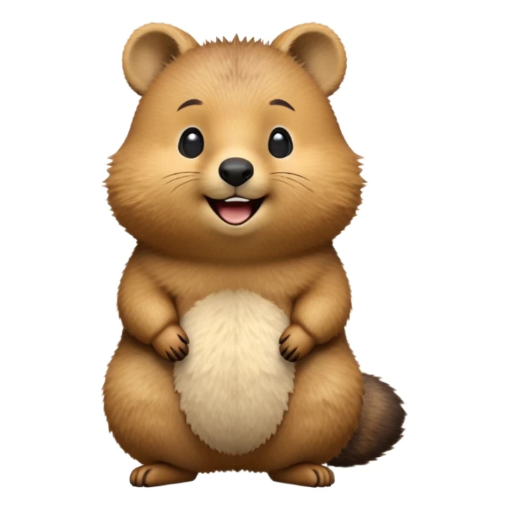 cinematic-quokka-realistic-emoji,-small-round-frame-balanced-on-tiny-strong-hind-legs, head tilted in an endearing manner, comical smil, giant-fluffy-cheeks-large-smile-fluffy-brown-fur-radiating-a-warm-softness,-big-round-eyes-filled-with-joy, realistic emoji zoomed in sticker