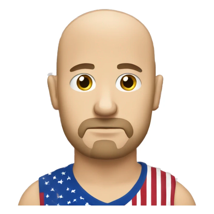 Bald white guy with goatee who looks sad wearing a American flag shirt sticker