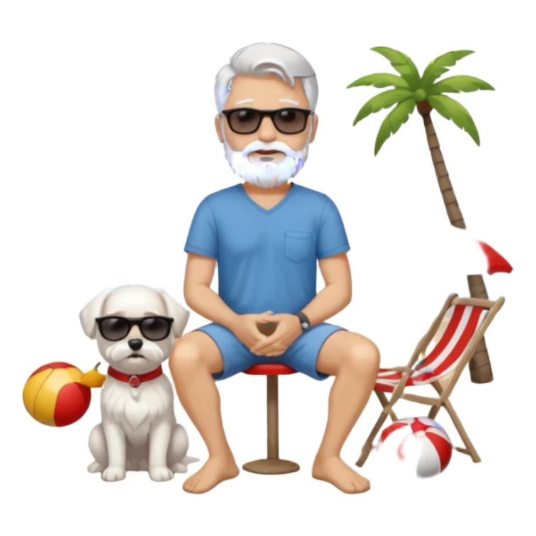 white man grey hair beard holding a white Maltese sitting on a beach full body sticker