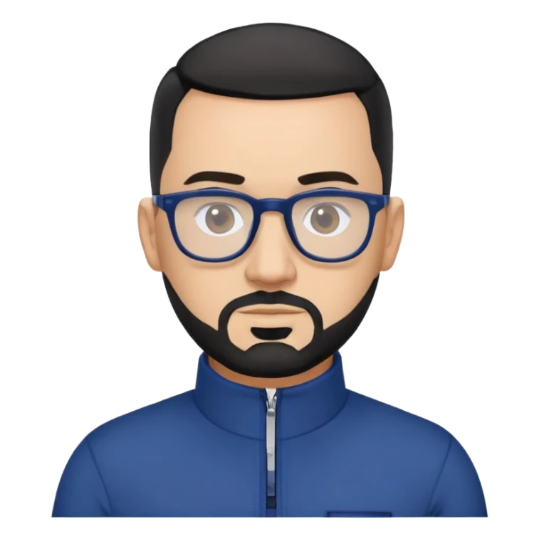 Light-skinned 40-year-old male with buzzcut black hair, gray short beard, black-framed glasses, navy blue zip-collar sports long sleeve shirt sticker