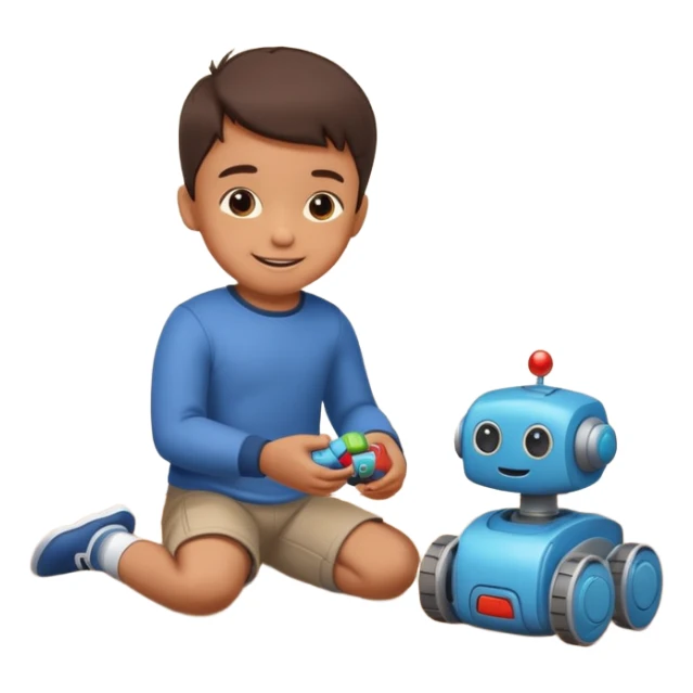 Little boy playing with toy robot on the floor sticker