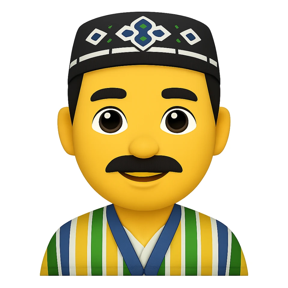 Сгенерируй мне в стиле ЭПЛ ЭМОДЗИ Узбека, на пнг фоне. У него будет тюбитейка и халат. На пнг фоне (без фона) sticker