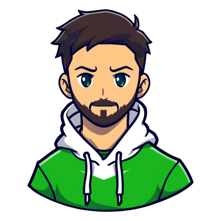 anime style man with short full beard, dark brown undercut hairstyle, white hoodie, and green eyes sticker