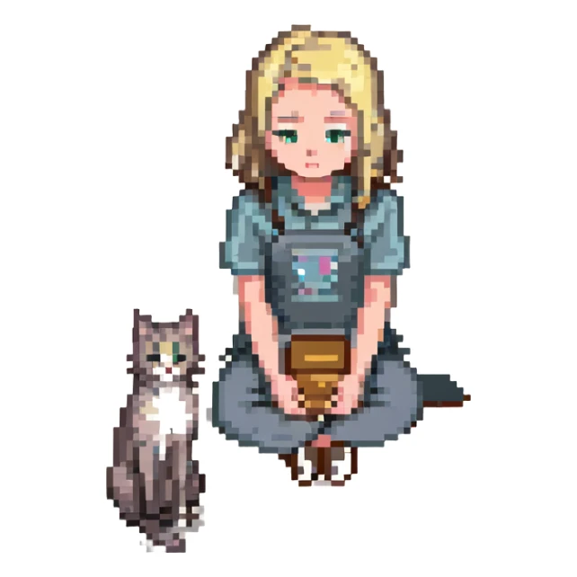 Replace the girl with the one in the reference image, keeping the pose: girl sitting on floor petting a gray and blonde mixed cat, pixel art style, with no background. sticker