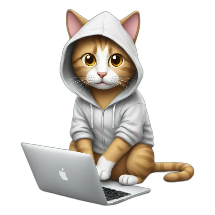 cat with hoodie and a macbook sticker